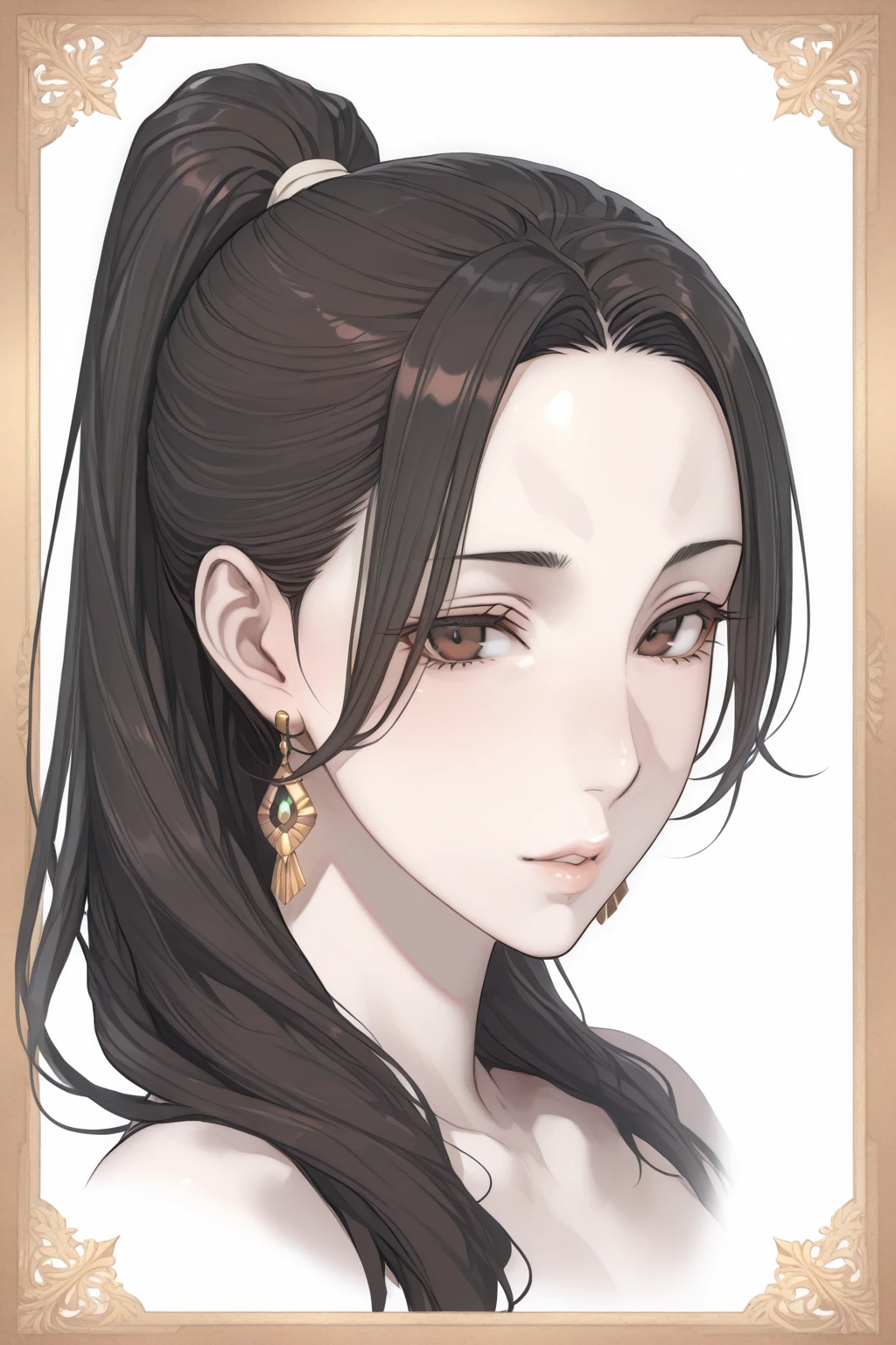 One person, High resolution, Long Hair, Brown Hair, accessories, Earrings, High resolution, Parted bangs, Long Hair, chest, smile, A seductive smile, Simple Background, anime,