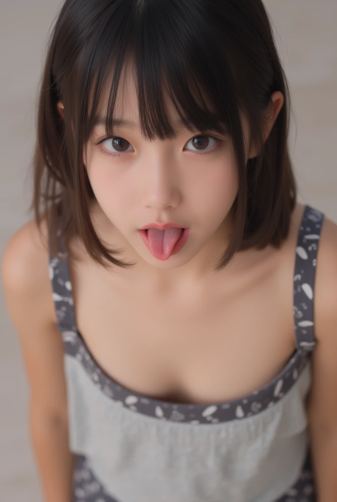 crop top,micro shorts,open mouth,tongue out,cum on tongue,Black sofa,stand,looking ahead,from above,flont view,upper body,open mouth,tongue out,(1girl,Beautiful 16 year old girl),((Slender,Small breasts,Small face,)),looking at viewer,Black Hair,bangs,one side up,Beautiful and detailed,Mischievous smile,Dimly lit room,Simple Background,Black background,Low lighting
