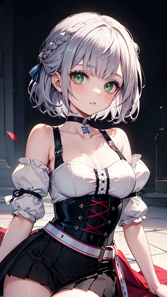 (Ultra-high resolution,masterpiece, Attention to detail, Highest quality), 8k,(Arnoel, Medium Hair, Green Eyes, hair band, Blue Collar, Shoulder Armor, Cleavage, Mole on chest, Dress in Armor, Chest belt, Gold border, Fingerless gloves, Black gloves, Tea belt, Pouch, Pelvic Curtain, Black knee socks),(Blessed,Captivating body、Ultra-detailed skin、Very beautiful eyes、Detailed Background),One Girl、 (enjoy :1.5),(Colorful lights:1.7),(pastel colour:1.5)