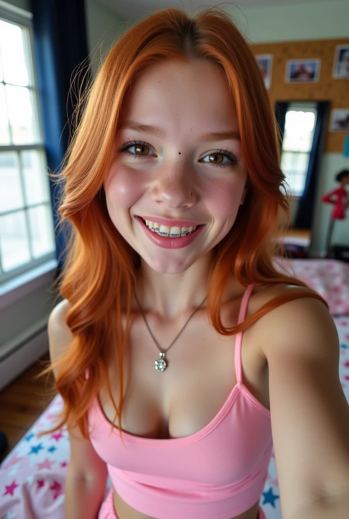 20 year old girl, redhead, waking up in his bed, small tits, big butt, slim, smiling, by the wide, light eyes, taking a selfie.
