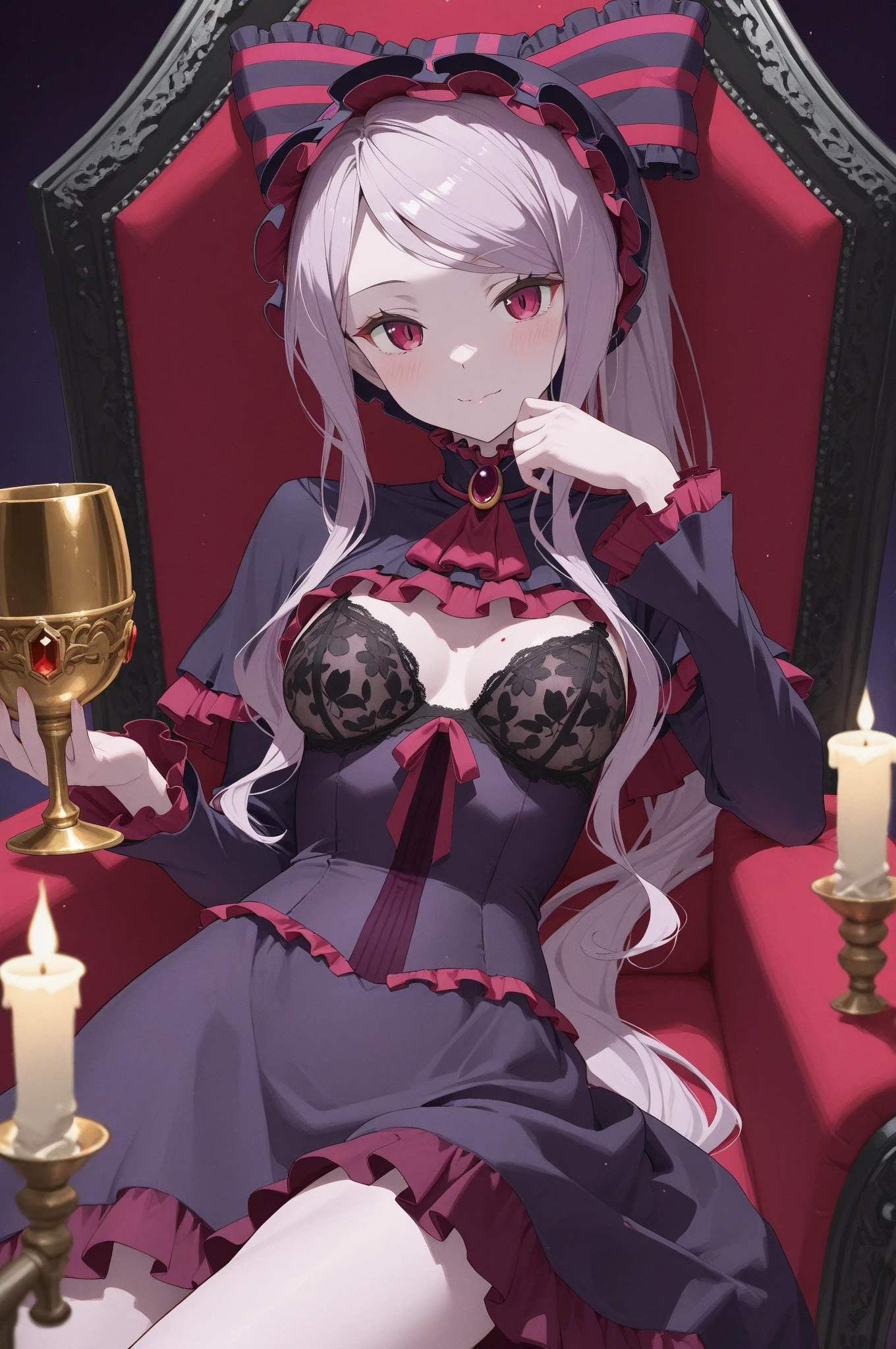 A woman with long white hair and ruby red eyes,Sit down to eat desert and drink wine, anime art, chinese luxury clothes ,lebih tertutup ,,Her clothes are more covered 