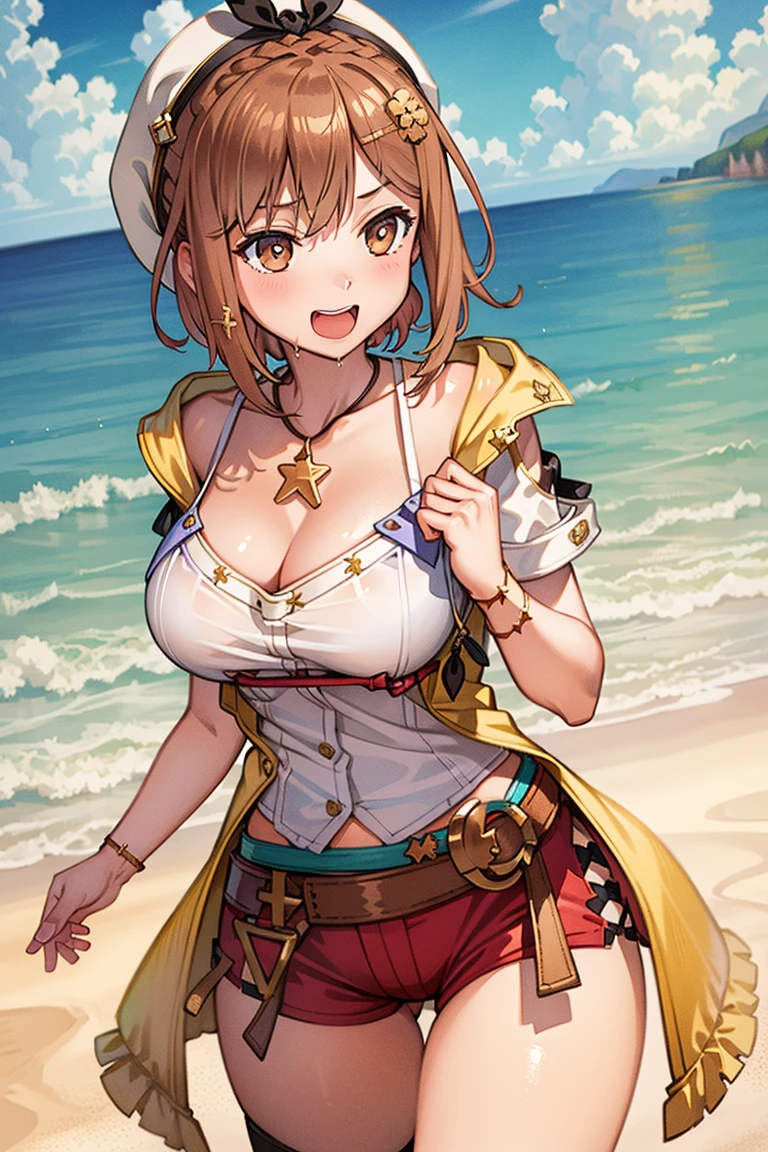 Beautiful Eyes,Symmetrical eyes,Big eyes:1.5,Seductive eyes,Highly detailed face, Highly detailed CG,
(Perfect hands, Perfect Anatomy),{best illustration},(erection of nipple),Camel Toe,Perfect Fingers,
((Highest quality)), ((masterpiece)),High resolution,Sharp focus,(Highly detailed CG Unity 8k wallpaper),1girl,
(((Vibrant colors))), Perfect Face,Seductive eyes,Liza Lynn Stout, Raisalin Stout,
(Huge hips:1.3),(Huge breasts, Glamour:1.1),glamorous_expensive_Tight waist_Long legs,curve,Thighs,curvy,
very shiny 肌,Shiny body,plastic glitter 肌,exaggerated shiny 肌,illuminated 肌,
cute,Bold,short hair,Brown Hair, (Brown eyes:1.5),ルビー飾りのnecklace,hair ornaments, Hair Clip, jewelry,necklace,
arms up behind, Shy laugh,
smile, Open your mouth, Licking Oral, ((close up head)),
Drooping water droplets, wet skin,
Cumulonimbus,Surrounded by water, reflection,Breathtakingly beautiful clouds,Light,Dazzling Light,Cinematic Light.The wind is blowing,Vast ocean,
A long white pier stretching out into the sea,Coral Reef,海The wind is blowing,