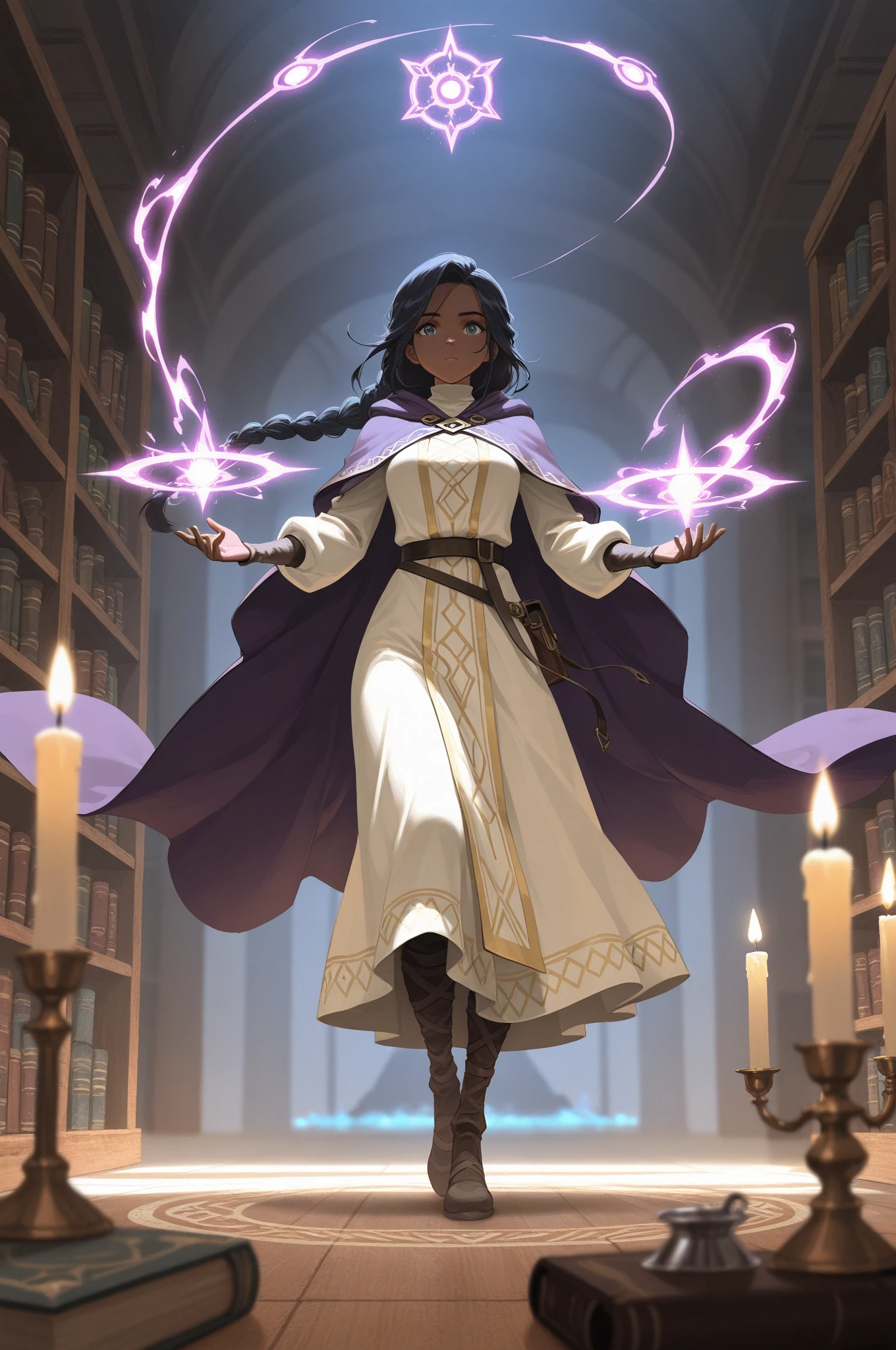 8k, ultra detailed, masterpiece, best quality, (extremely detailed), full body a human (intense details, Masterpiece, best quality: 1.5), female (intense details, Masterpiece, best quality: 1.5), mage, arcane wizard, manipulating magical energies (intense details, Masterpiece, best quality: 1.5), in a magical laboratory (intense details, Masterpiece, best quality: 1.5), female human, wearing white robe (intense details, Masterpiece, best quality: 1.5), purple cloak with magical sigils (intense details, Masterpiece, best quality: 1.5), extremally beautiful woman, dark skin (intense details, Masterpiece, best quality: 1.5), black hair, long hair, braided hair, magic lab. bickers, vials, arcane book shelves, depth of field (intense details, Masterpiece, best quality: 1.5), candles light, dynamic light