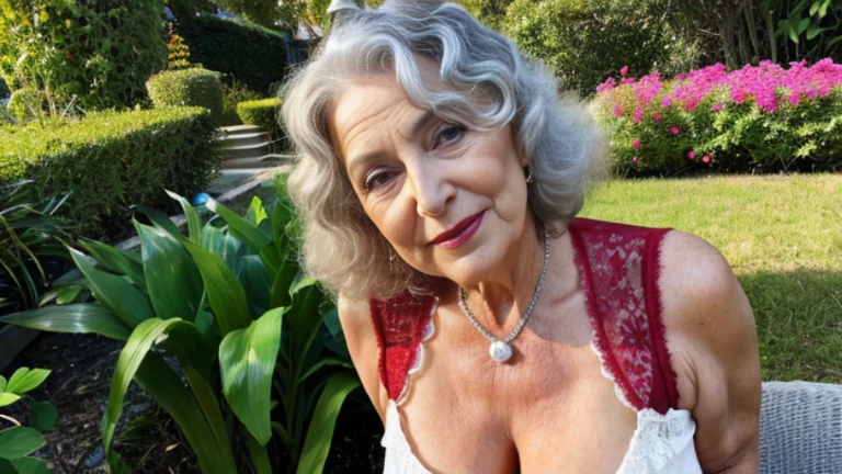 Mature old woman 80 years with silver hair, plus size, overweight, old face and body with many wrinkles, smiling, loose skin, standing at blooming garden posing for photo, She wearing red lace bodysuit and red lace stockings. jaw dropping mature older beauty, old face and body with wrinkles, legs are visible, old face, bright makeup, red lips, attractive grandma, a gorgeous old hair, beautiful old grandma, lovely older mature grandma, gorgeous beautiful grandma over 80 years old, beautiful silver hair grandma, beautiful detailed body and face, a beautiful old granny