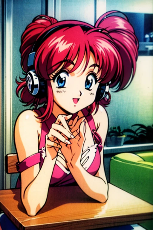 A solo shot of a Japanese high school girl with vibrant pink hair styled in ((short twin tails forehead)), framing her forehead and accentuating her bright green eyes. She wears pink cat-ear headphones and sports a radiant smile that directly engages the viewer. The soft focus highlights the sparkle in her eyes, while the bold pink hues pop against a neutral background. ((dance)),dynamic dancing moves with full of energy and movement, jumping high, Pink eyebrows, dance dress,