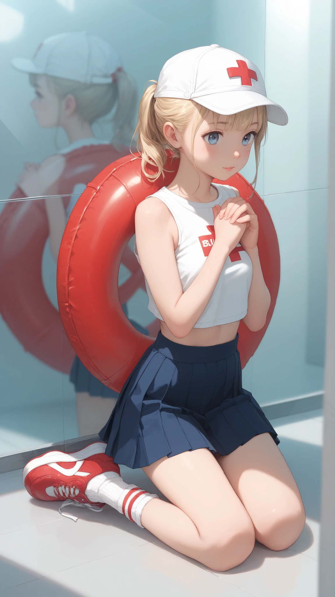 score_9, score_8_up , score_7_up , score_9,Score_9, Score_8_up , Score_7_up ,kneeling pose, female character lower body focus, white crop top, blue pleated mini skirt with gold buttons, red-and-white striped thigh-high socks, gray platform high-top sneakers (red toe cap), white opera gloves, hands clasped near thighs, slight forward lean, blonde hair tips visible, modern indoor background with metal railings, red-and-white lifebuoy, blurred glass wall, bright soft lighting, high color contrast, anime-inspired realism