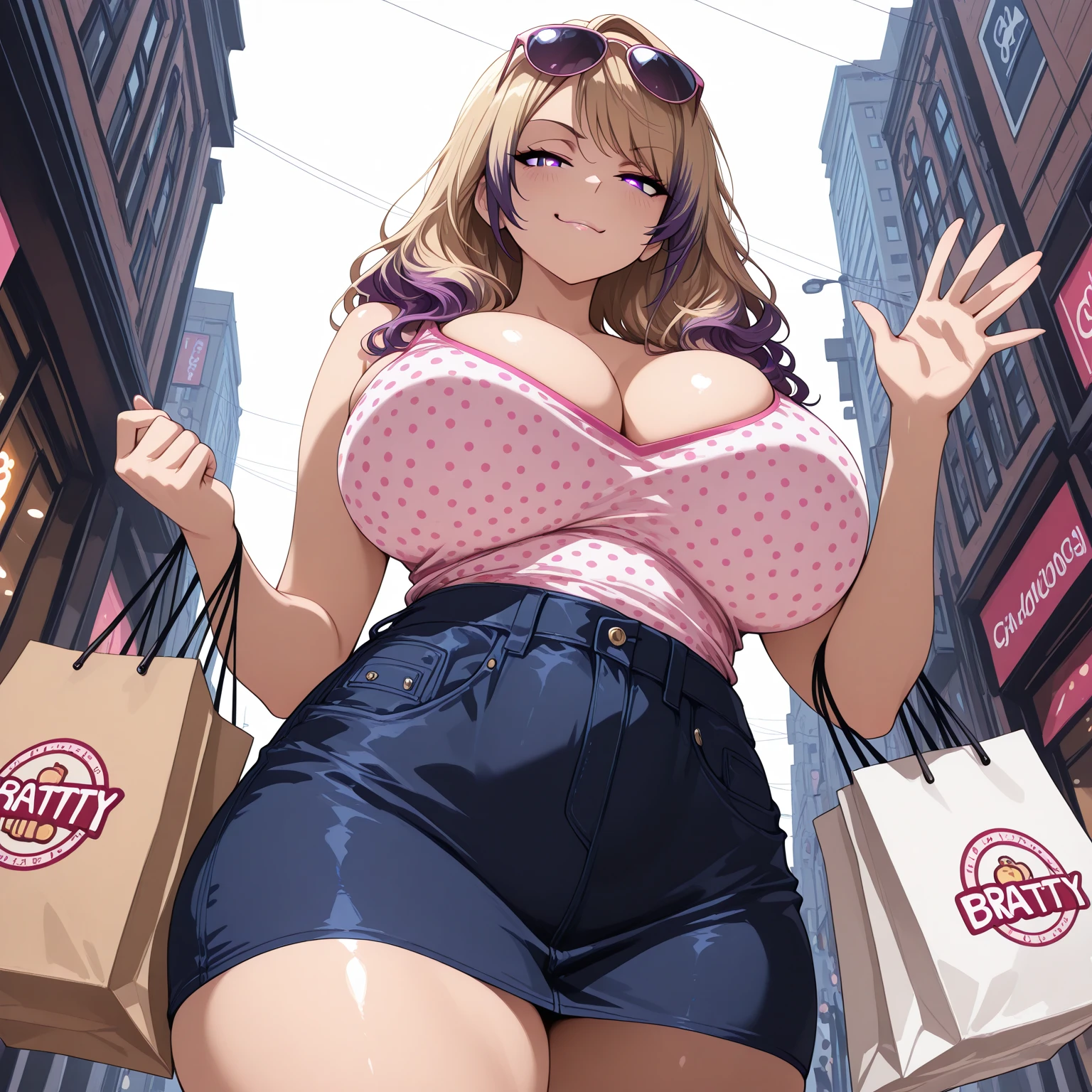 A curvy tall woman in her 20s. With an extremely voluminous body, blonde, with giant fat heavy breasts, returning from the supermarket with a shopping bag and looking at me with a smile, Chubby belly,