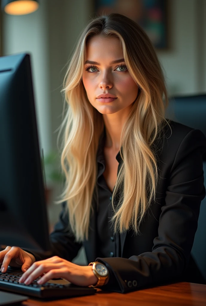 a beautiful girl with long blonde hair, detailed eyes, nose, and lips, wearing  professional outfit, siting in her office, using her computer, hp comuter (best quality,4k,8k,highres,masterpiece:1.2),ultra-detailed,(realistic,photorealistic,photo-realistic:1.37),HDR,studio lighting,extremely detailed face and body, portrait,cinematic lighting,dramatic lighting,warm color tones,dramatic colors