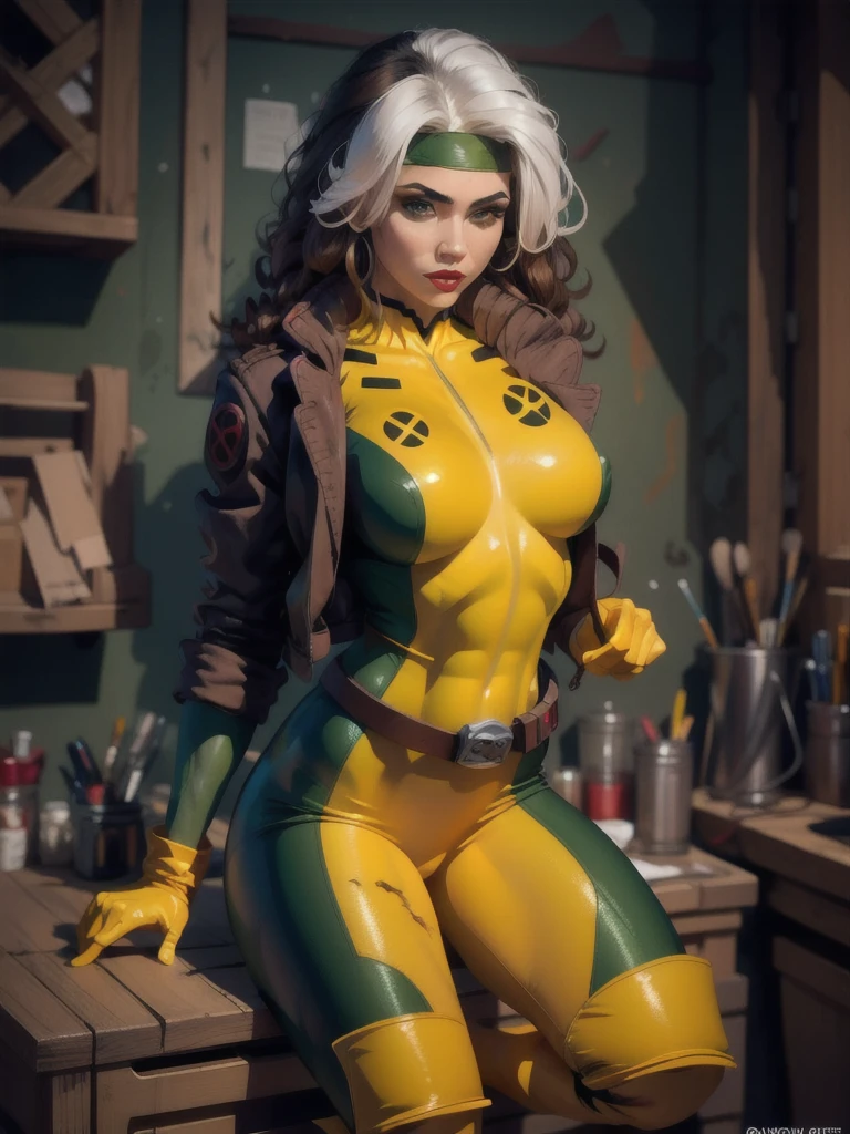 (aletta ocean face:1.2), (curly hair), ((masterpiece)),(((best quality))),((character design)), ((rogue)), x-men superhero, (perfect anatomy), ((full body view)) mature face, (brown and white hair),((spandex:1.4)), (((biker jacket))), defined cheekbones, high cheekbones, illustration, muscular, sexy bimbo, (gigantic breasts:1.7) white hair bangs, ((detailed face:1.4)) ((official artwork)), clean lineart, beautiful woman, (Caucasian:1.4) (white skin:1.4) , (red lipstick:1.4), shiny skin, (puffy lips:1.4) , pose, 8k,16k, (simple background, white background: 1.3) ((cool color palette)), ((cyberpunk aesthetic))