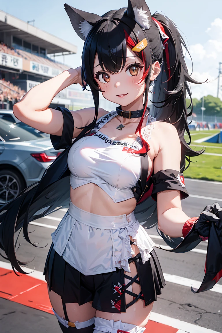 (Highest quality、High resolution、8K、masterpiece:1.2)。F1 キーCircuitでレースクイーンを撮影している様子。Being photographed by a large audience。（Race spectators 20：I am obsessed with photographing the race queen with my smartphone and SLR camera in hand.。Otaku。News reporter。normal person）、（Race Queen 1：FerrariF40に腰掛ける。Heart Eyes。Pink heart symbols fly around the face.。Put your hand on your cheek。Sexy pose。Cleavage。short hair。ponytail。Glossy skin。Illuminated by strong lighting。unique hair ornaments。mini skirt。Original Character。blush。Looking up。Disheveled Hair。Smiling。hair band）Increase line width。Combining light and shadow。Background with depth。Circuit。 キー。racer。Motorsports。Ferrari。