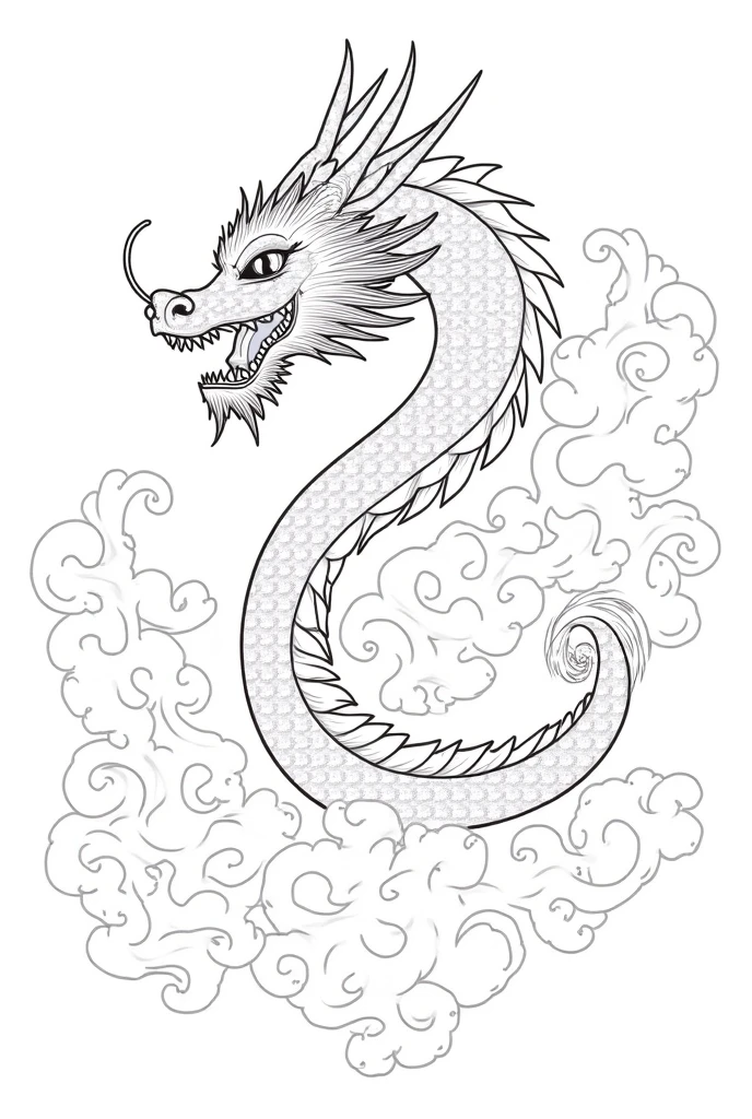 comic style, chinese dragon flying in the sky, coloring book page, chibi style, draco, cartoon, kids coloring book, dance positions, entyre body, chinese dragon, entyre body, dragon body drawing, standing, opens your arms