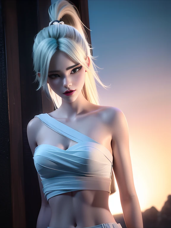 a close up of a person in a costume with a sword, as a character in tekken, female character, tifa lockhart with white hair, katana zero video game character, lunar themed attire, kda, slim body, cyborg - girl with silver hair, upper body avatar, fashion gameplay screenshot, fighting game character, new character, floralpunk elysian maiden, sigma female