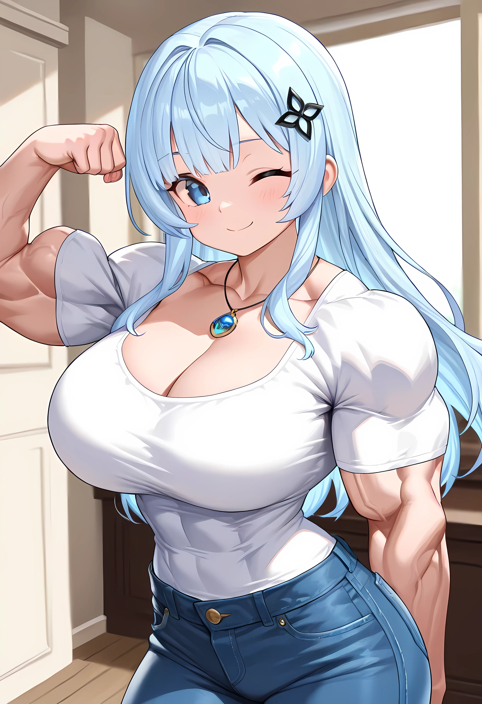 1girl, solo, (blue hair, long hair, bangs, blue eyes, cute face:1.0), (large breasts, muscular arms, muscular shoulders:1.2), (white shirt, cleavage, sleeveless, bare shoulders, bare arms, denim shorts), indoors