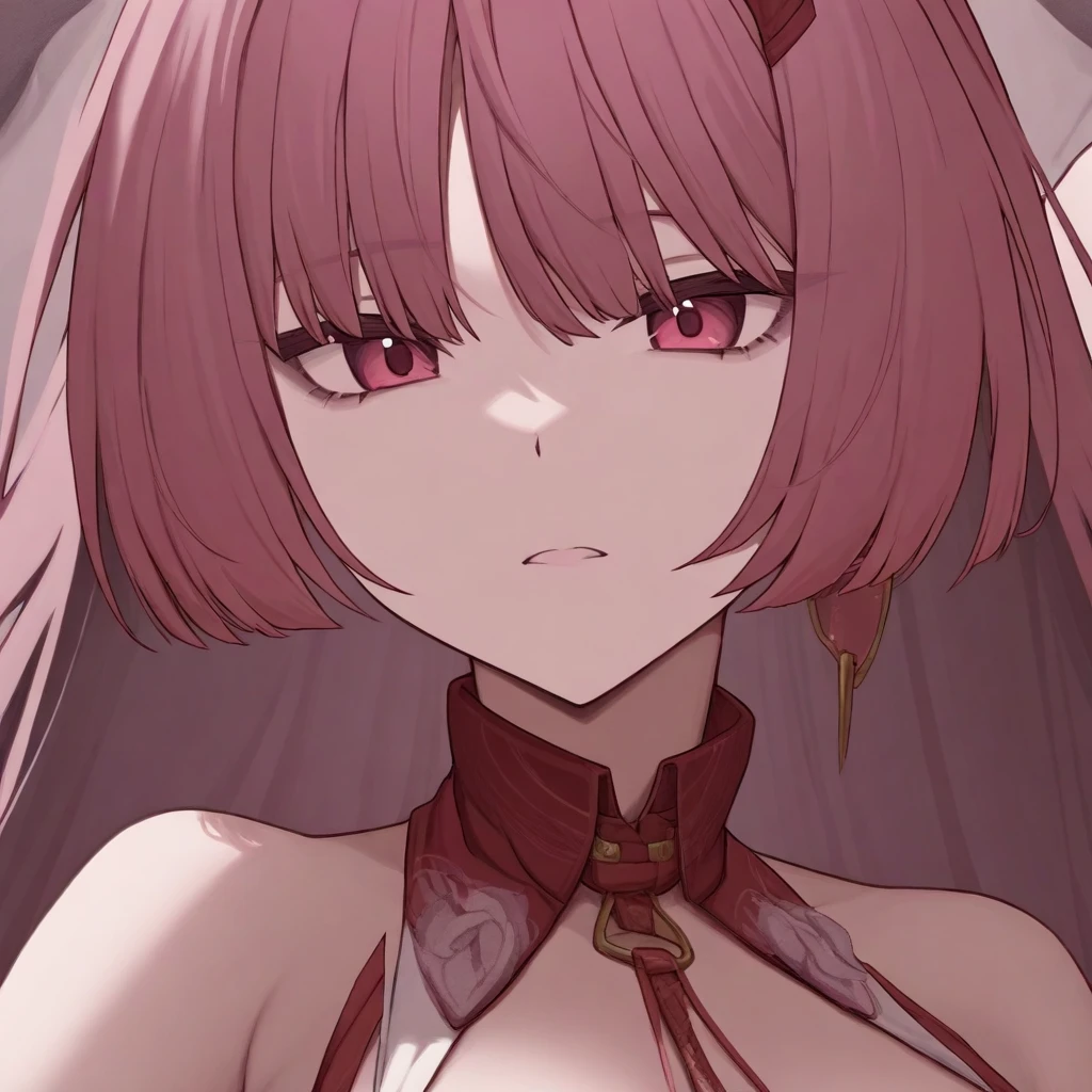 best quality, masterpiece, highres, solo, {rosaria_genshin:1.15}, purple_hair, red_hair, short_hair, nun, breasts, large_breasts, bangs, veil, purple_eyes, habit, multicolored_hair, streaked_hair, hair_between_eyes, fishnets, hair_over_one_eye, 1girl, bare_shoulders, elbow_gloves, gloves, upper_body, white_gloves, looking_at_viewer, simple_background, parted_lips, white_background