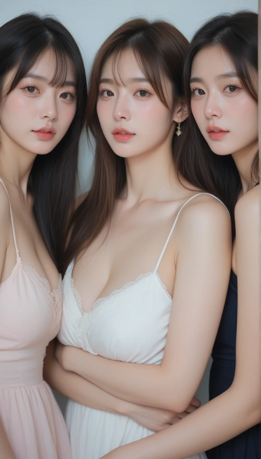 Multiple beauties touching each other, (Transparent shirt: 1.2), (Open shirt), Light clothes, Sleeveless, Huge breasts, Upright breasts close-up Two women lying on bed posing for photos, Surreal full-body figure, Beautiful and detailed body and face, gorgeous figure, pony tails, Clear, Smile, moaning, Tease, Surreal full body body, Beautiful and detailed body and face, Extra-long viewing angle, Fair skin, Bright colors, Asian, There was almost nothing in the clothes, Blurry, Chinese clothing underwear