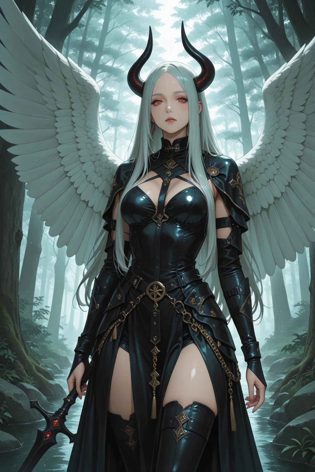 Full body female angel with white hair, from behind , beautiful young woman with long white curly shiny hair wearing black leather corset, black panties made of lace, busty, small waist, very skinny legs, black wings, high heels boots black, lake, waterfall 