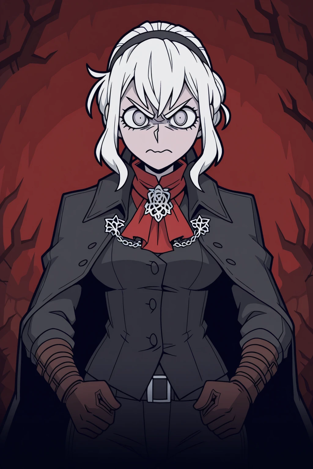 masterpiece, best quality, baphomet, black gloves, red coat, upper body, looking at viewer, living room, sitting, crossed arms, smirk