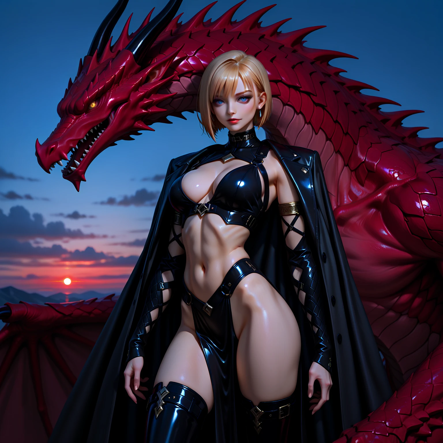 In a setting (lush jungle:1.5), in the middle of (majestic waterfalls:1.5) (turquoise blue water), a (sublime succubus alone) standing in the water, her (large blue eyes) piercing the camera lens. The (dark night sky:1.3) above is lit by a (fiery red moon:1.5). Her perfect physique is highlighted by a beautiful (bikini armor:1.5) adorned with (lava scale:1.5). She wears a (black tiara with black horns:1.3) on her (long blonde hair:1.5) and her (pretty face) sports a (sultry smile). She has (2 large wings:1.5) on her upper back. (2 high black wings:1.3). (2 high symmetrical wings:1.3). (Darkness). (Lava Armor, Armor of lava, stripped armor:1.3)