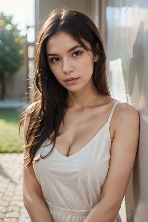 (RAW, analogue, Nikon Z 14mm ultra-wide angle lens, glamour, young , sexy , sensual , ((best quality)), ((masterpiece)), ((realistic:1.2 )), skin pores, subsurface scattering, high-res, detailed facial features, high detail, sharp focus, smooth, aesthetic, extremely detailed,  extremely detailed hair, extremely detailed skin texture , extremely detailed clothes, octane render, photorealistic, realistic, post-processing, max detail, realistic shadows, roughness, natural skin texture, real life, ultra-realistic, realism, photography, 8k UHD, photography, hdr, intricate, elegant, highly detailed, sharp focus, stunning, beautiful, gorgeous), (masterpiece:1.2, best quality1:1, ultra-detailed:1.2, best shadow, 8k:1.1), (contrasting background, bright background),  high contrast, (perfect illumination:1.2, beautiful color, delicate color), ((cinematic light)), colorful, hyper detail, dramatic light, intricate details, (1 ultra hot girl), solo, white skin European caucasian, brown hair, short hair, wavy hair, (blue eyes), busty, long legs, tanned skin, dynamic angle, white tanktop, jeans, full_body