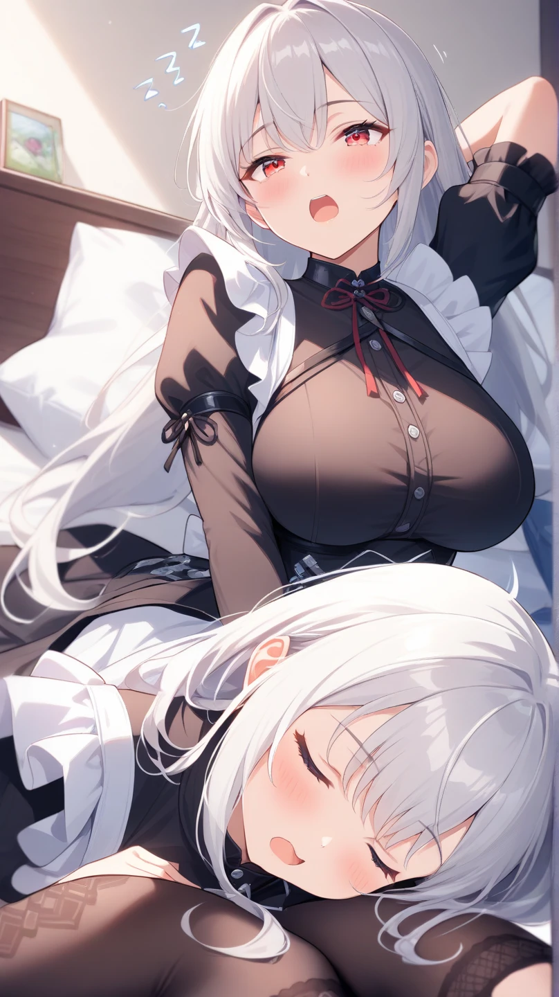 score_9, score_8_superior, score_7_superior, sauce_anime, evaluation_Safety, hakase fuyuki, One girl, Virtual YouTuber, Red eyes, Gray Hair, Long hair short hair, Low twin tails, Side Lock, Hair Clip, Neck ribbon, Red ribbon, Black sweater, Collared shirt, Open jacket, White jacket, flower, Tea belt, Long sleeve, Sleeves are longer than the wrist, White gloves, Pleated skirt, Black Skirt, Black Pantyhose, Lying in bed,Dutch Angle, Particles of light, light, Research Room, window, window shade,masterpiece, Highest quality, High resolution,Hakase Fuyuki,Virtual YouTuber,vtuber,nsfw,bare breasts,penis,Hakase Fuyuyuki,1boy,lies down on bed,gigantic breasts,Super Breasts,A woman is sleeping on her back,A woman is sleeping in bed,Are crying,Angry,rape,rape,Being creampied,,Grabbing my chest,My breasts are being massaged,Your clothes are in disarray,My chest is visible,Sex,Insert,Insert,sex,