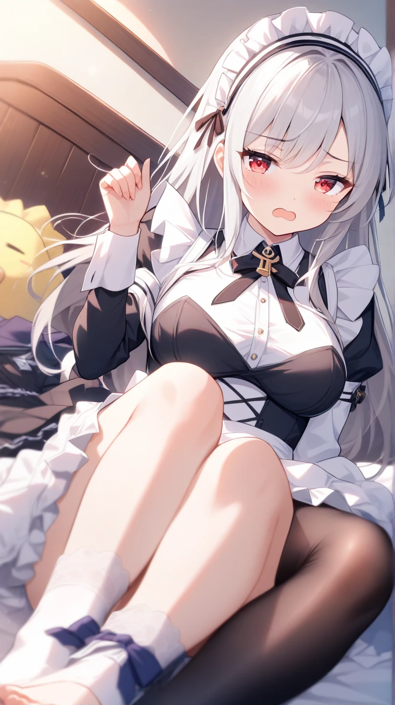 dynamic angle, anime woman in a castle, she is a maid, panty shot, medium size breasts, long white hair, brown eyes, sweat dripping down in between legs, absolutely in love, lewd, shy but very sexy, mature, small smile, being used, sex