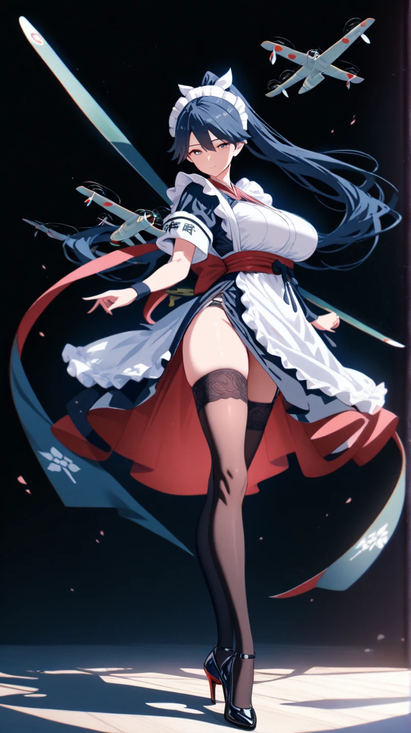 anime girls with black hair and yellow eyes are posing for a picture, anime girls, ecchi anime style, sfw version, pixiv 3dcg, ahegao, top rated on pixiv, oppai, pixiv, official fanart, ecchi, popular on pixiv, at pixiv, anime! 4k, anime! 4 k, head is up, arms out of frame, hands oit of frame, full body, thigh boots, garter belt, 5fingers, large breasts, from low, from below