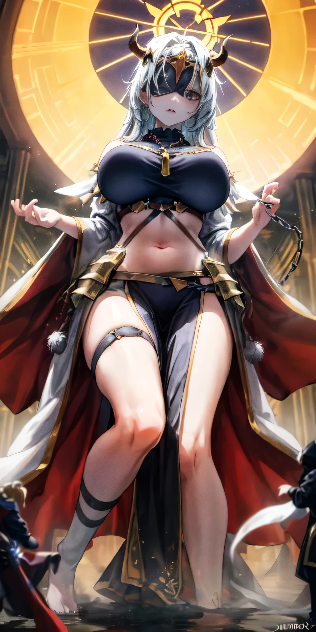 ulzzang-6500-v1.1,<lora:raidenShogunRealistic_raidenshogun:0.5>, unparalleled masterpiece, ultra realistic 8k CG, perfect artwork, ((perfect female figure)), looking at viewer, mature female,mature female, milf, narrow waist, chinese deity,seductive posture,alluring, clean, beautiful face, pure face, pale skin,divine goddess,shiny eyes, shiny skin, skindentation,sexy pose,1girl,((gold plate armor covers shoulders and hands and feet and waist,silver chain mail underwear)),red cape,(huge breasts,with angle wings and angel halo ), forehead decoration,warhammer,shield,european medieval castle,forest,public