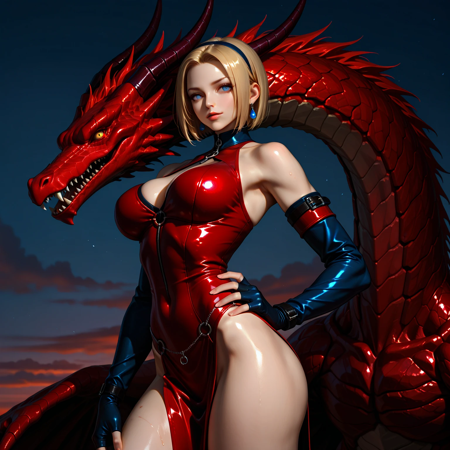"((Aesthetic)) Portrait of an Asian blonde woman with a slim body, taking a picture while hugging a red dragon. ((Colorful)) ((Light and Shadow contrast)) ((Detailed and high quality CG rendering))" --auto --s2