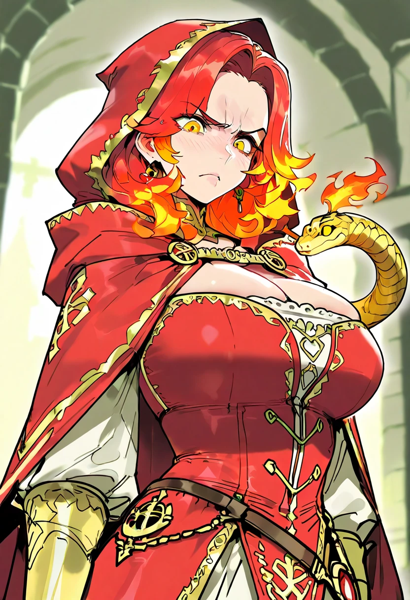 fullbody screencap of female villain. she has long curly red hair and blue eyes behind her is a fallen castle. Her outfit is that of a high priestess corrupted. her body is  adorned with jewels,
,
High Resolution, Long Hair, Red Hair, Wavy Hair, Curly Hair, Large breasts, Earrings, Crystal Earrings, Blush, Grin, Fangs, Jewelry, Crown, Demon Horns, Anime, 