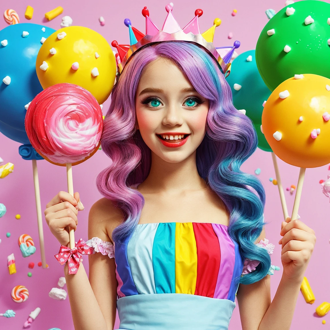 10-year-old Russian child girl, close up, PORTRAIT, with long blonde hair, a popsicle with a colorful layer of rainbow, ice cream, high-quality product photo, lollipop, slapstick, made of glazed and high-quality product image", pastel, made of lollipops, pastry candy, 3 4 5 3 1, gum, ice cream cone, ice cream on the side, product introduction photo, made of cotton candy