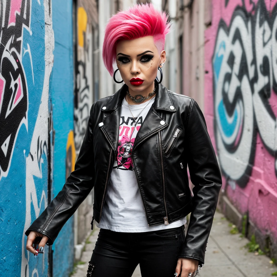 (best quality,highres),1punk woman,pink hair,detailed skull tattoos,nerdy style,"WoW"Braw,edgy makeup,confident expression,standing in an urban setting,graffiti background,street fashion,leather jacket,wearing sunglasses,eye-catching accessories,beaming with attitude,street art vibes,smoke effects,neon lights,dramatic shadows,creative photography,stylish composition,vivid colors.