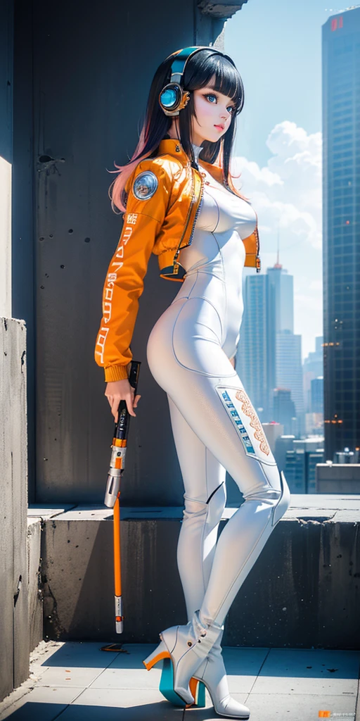 (8k, best quality, masterpiece, golden ratio composition,:1.3),(Zoom out shot, full body standing:1.2), (A Japanese Race Queen, white and blue leotard, white boots, Posing as a fashion model, smile:1.2), (huge breasts:), (racing circuit:1.3),