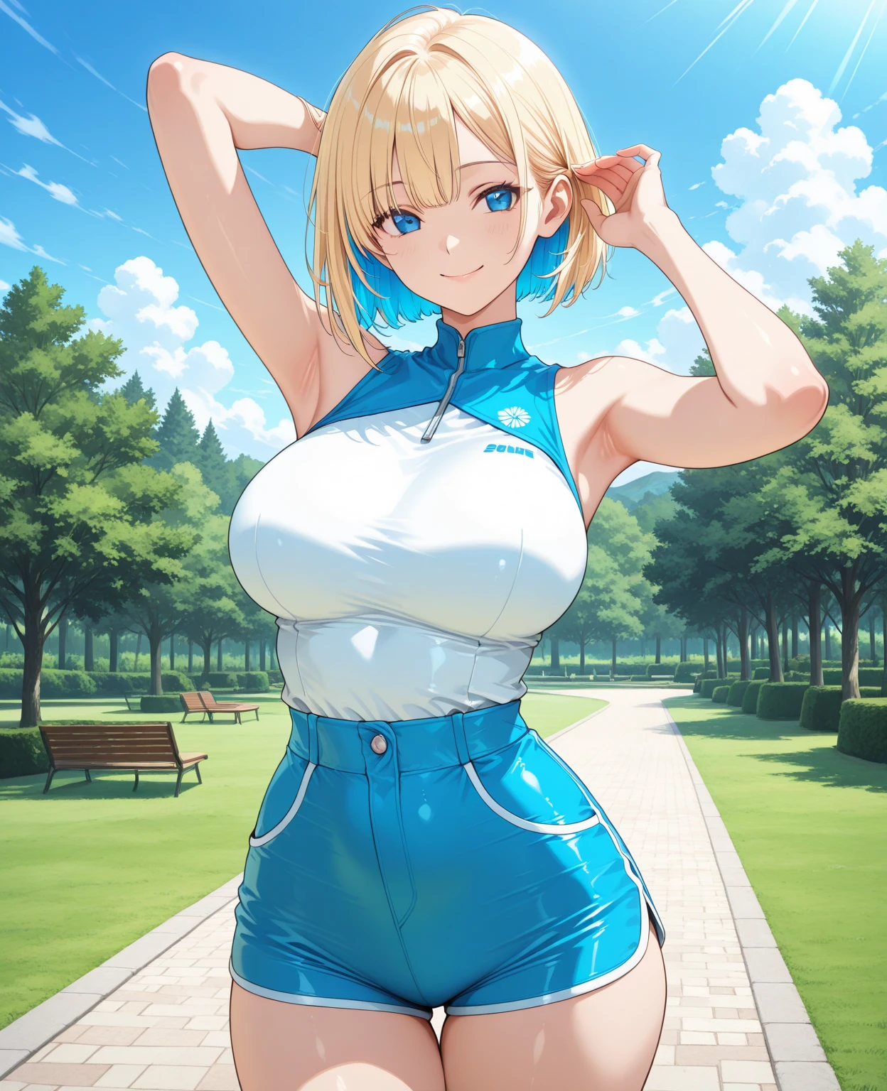 (((masterpiece))), (((best quality))), ((ultra-detailed)), (illustration), ((an extremely delicate and beautiful)), ((super detail)), ((high resolution)), (((10 years old))), ((metallic cloth)), (cheerleader), (super heroine), (android), delicate metal decorations, gleaming skin, shiny body, two legs, breast focus, (((tall))), slender legs, ((big round eyes)), cute eyes, drooping eyes, ((adult)), two hands, five fingers, no extra hands, elegant smile, braid, ((metallic blue)), (see-through), (dark blonde), (((ultra-huge breasts))), (shining brightly), outdoor, mini skirt, daytime, ((biopunk)), (hair shorter than shoulder), (medium length hair), gynoid, (metallic shining competition swimsuit), city, ((midriff-baring outfit)),