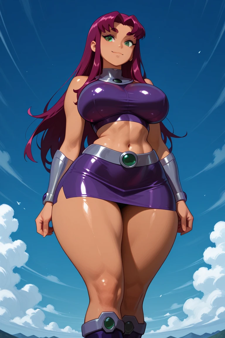 High resolution,  titans, Starfire, anime, masterpiece, 1girl, ((bimbo))), smile face, green eyes, long red hair, puffy lips, painted lips, thick lips, wide hips, thick thigh, enormous fake breasts, huge round ass, shiny skin, oily skin, purple bikini, breasts posing,