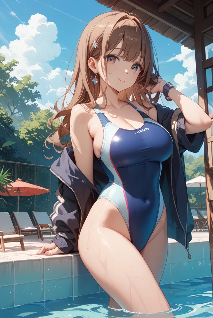 (((2D Beautiful Girl、Beautiful illustration、top-quality、Perfect fingertip、perfect anatomia、Perfect outfit、Beautiful illustration)))、top-quality、cute petit girl、(transform sequence)、((very beautiful swimsuit))、18year old、Slender beautiful girl、Fractal Art、baby-face、stright long hair、beautiful detailed blue eyes、kindly smile、Full Body Display、Royal Palace Pool、（1人）、long-sleeve、Bright and beautiful sunny pool、frilld、Large ribbon