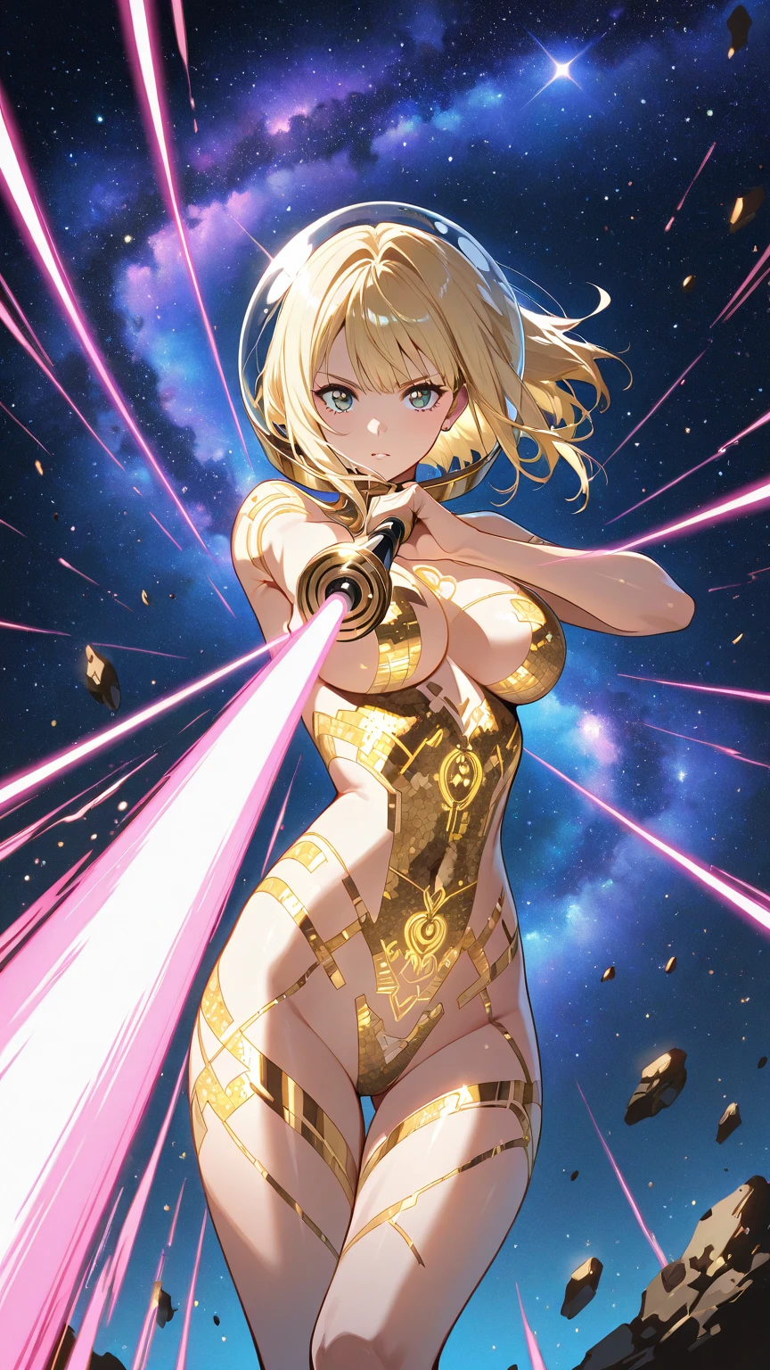 ((Highest quality)), ((masterpiece)), (detailed:1.4), 3d, detailedな筋肉のリアルなmasterpieceを持つカメラを見ている美しいサイバネティックガール, Beautiful cyberpunk woman image,High resolution (High Dynamic Range),Ray Tracing,NVIDIA,Super Resolution,Unreal 5,Scattered beneath the surface,PBR Texturing,Post-processing,Maximum clarity and sharpness,Multilayer Texture,Albedo and Specular Maps,Surface Shading,Accurate simulation of light-matter interactions,Perfect Proportions,Octane Rendering,Two-tone lighting,wide aperture,Low ISO,White balance,Three-part method,8K RAW, Active Pause, Action pose, (Gold Parts), fringe, Emerald Blue Eyes, very beautiful shorthair, (A faint smile), ((Very elegant)), ((Very luxurious)), (Suite Room), (From below),masterpiece,8k,(Silicone Skin), ((In-focus photo)), ((Focused photos)), ((People are not blurred)), 4K,Blonde、Attractions、A beautiful, high-contrast, rainbow-hued costume、Tight clothing ,sprawl ,Heart symbol,(Glowing Skin、Pink and blue light source),huge , ((Heavy breathing:1.3)), , Little devil smile, From belowのアングル、、throw、((Illuminated by neon and black lights)))、Dancing, (with a gun in hand)、((Two perfect hands))、((Perfect Five Fingers))、