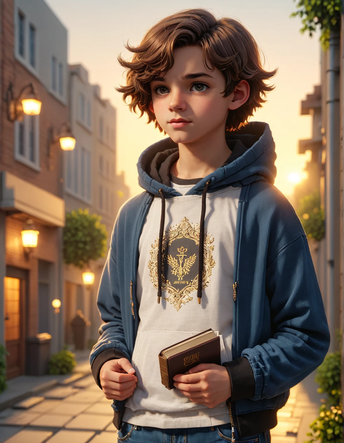 "Teenage boy holding a Bible in his hand, standing confidently with a calm and thoughtful expression, casual urban clothes (hoodie, jeans, sneakers), backlight from a warm sunset, soft lighting, realistic style, high detail, cinematic atmosphere"