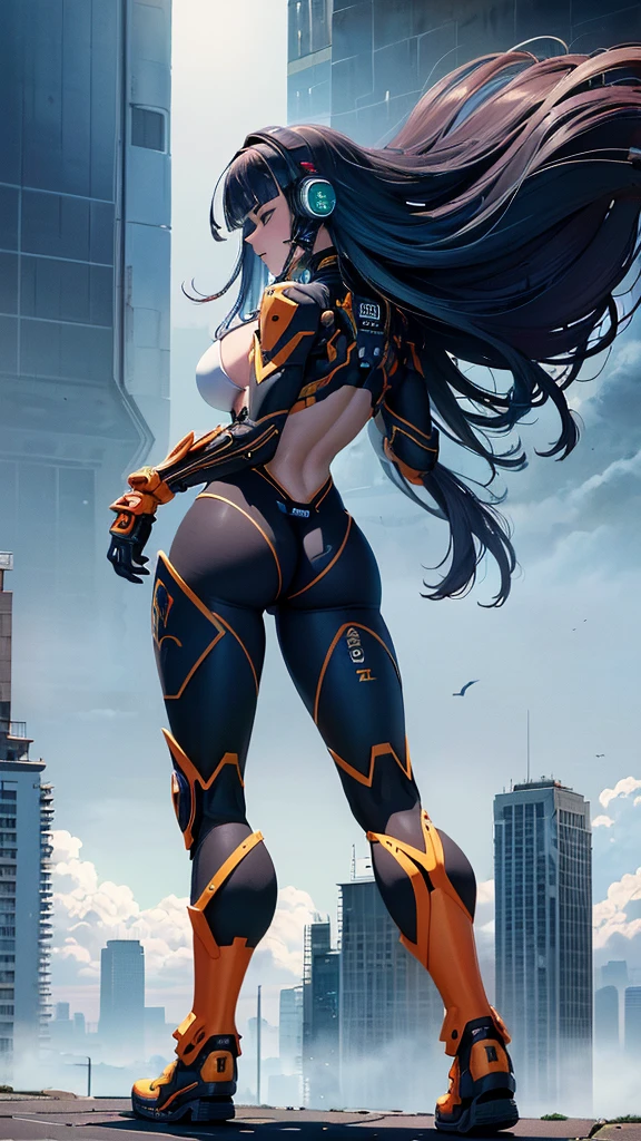 (realistic photo:1.5), (ultra-realistic:0.0), (masterpiece:1.0), (best quality:1.3), Ultra Detailed, sharp focus, vibrant colors, (Depth-of-field:1.0), (super fine-illustration:1.0),
(girls), think back, Hawken, smile, open your mouth, long hair, (blue hair, deep blue eyes:1.2), colorful details, rainbow colors, detailed background, detailed beautiful face, highly detailed eyes, detailed skin texture, sparkling eyes, cute face, big breasts, delicate hair, messy hair, (blue sky, White cloud), shiny hair, shiny skin, headgear, white hair ornament, (Mecha girl:0.5), (mechanical suit:0.9), White and orange clothes, (light pink lips: 0.8),
rampage, destruction, cityscape, cityscape, street, people, car, gts, giantess, nsfw, (full body shot:1.3) ,wide angle lens, from behind,