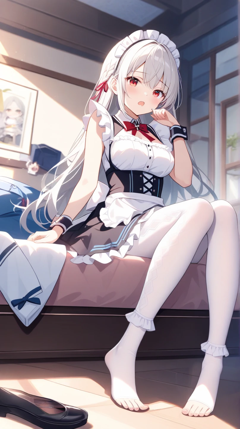 ，white hair，High double ponytail，maid outfit，Showing chest，Large Breasts，home