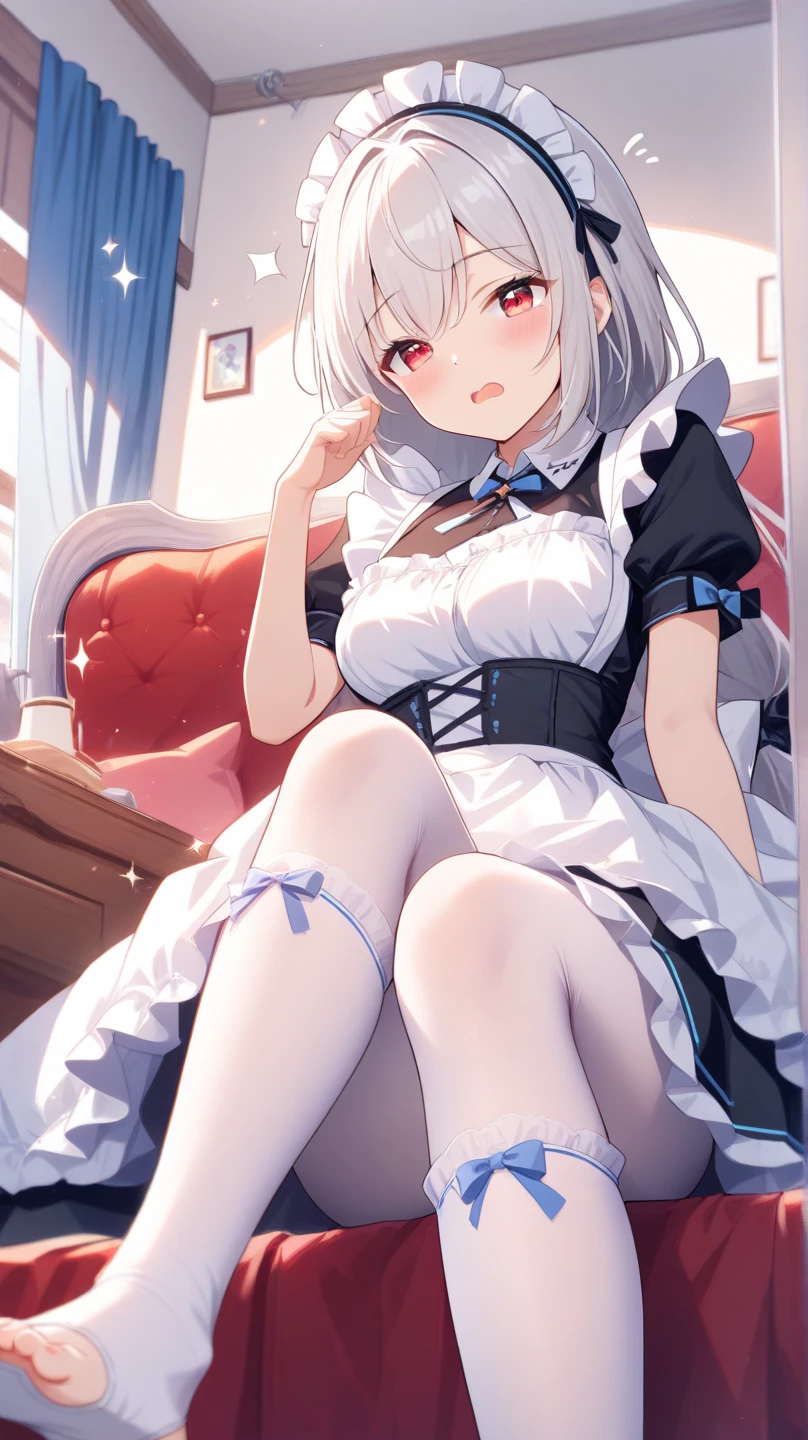 ((masterpiece,best quality))1girl,look at the viewer, the whole body,Skin whitening,blue eyes,thin,Thigh length,slender waist, long hair,silver hair, (maid:1.3), (white stocking:1.3), lace, shy, room,ribbon, cute, after sex