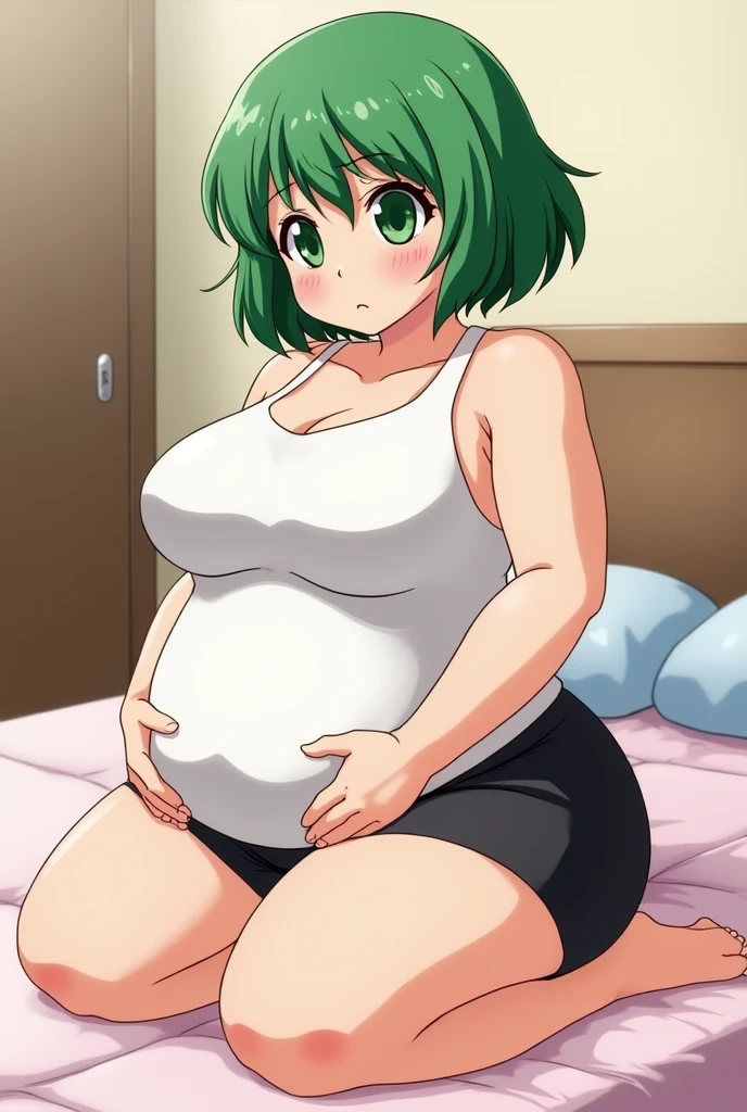 score_9, score_8_up, source_anime Bibl3, busty shortstack, jenny (pokemon), green hair, huge breasts, wide hips, viewed from front, standing in living room, vacant smile, staring at viewer, pregnant, open mouth, looking at viewer, empty eyes, multicolor tank top, exposed pregnant belly, denim shorts, full lips, vivid lips, detailed eyes, detailed face, pretty woman, morning