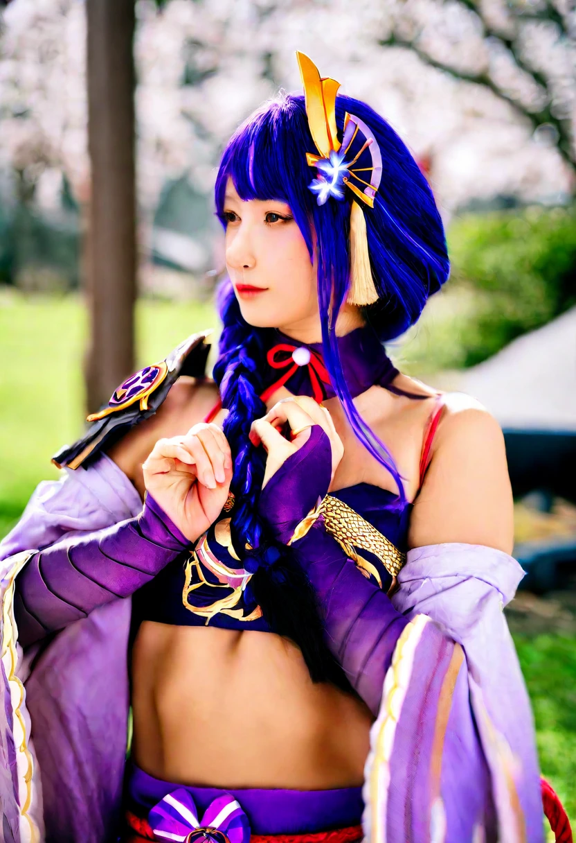 (masterpiece, best quality, 1girl, solo, intricate details, chromatic aberration), realistic, ((medium breath)),long hair, purple hair, purple head ornament, purple highlights, hair over one eye, green eyes, sharp eyes, against wall, brick wall, graffiti, dim lighting, alley ,look at viewer, nude, naked, totally naked, nipple, pussy, visible vulva, perfect anatomy, perfect pussy