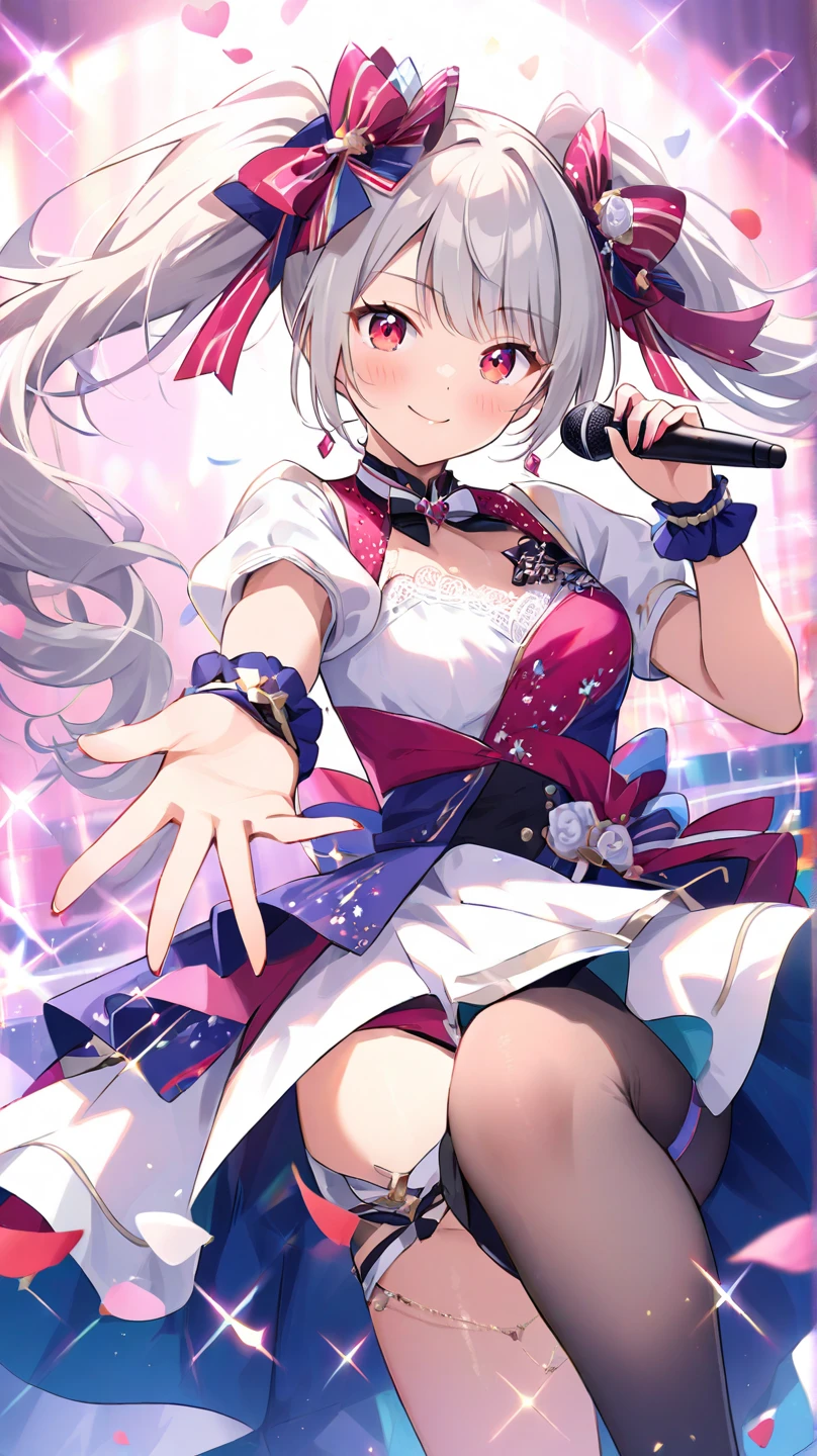 (RAW Photo: 1.2), (Photorealistic: 1.4), (Masterpiece: 1.3), (Best Quality: 1.4), Ultra High Resolution, (Detailed Eye Features), (Detailed Facial Features), (Detailed Clothing Features), HDR, 8k Resolution, Solo Focus, Skin Tight, (Glossy Skin), (Slender Girl), (Ultra Detailed Illustration), Check Commentary, Commentary request, no letters, , VirtualGirl-Aim, 1 girl, full body, cute, innocent, (smile), perfect body, white and beautiful skin, wavy silver hair, short cut, ponytail, red ribbon, beautiful green eyes, smile, idol, stage costume, white knee socks, on stage, absolute area, confetti fluttering, penlight, big, Singing holding the microphone with his left hand, his right hand reaching out to the viewer, he has fox ears, he has one fox tail,