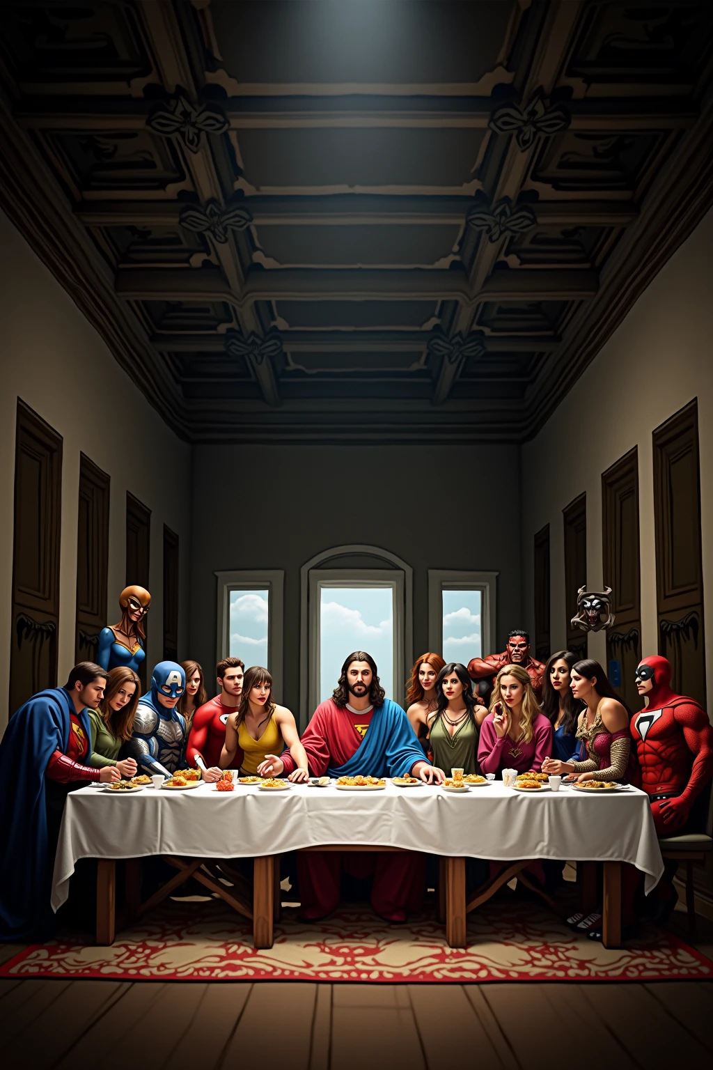Davinci's Last Supper with famous wrestlers from the 80s in their typical costumes and poses.
