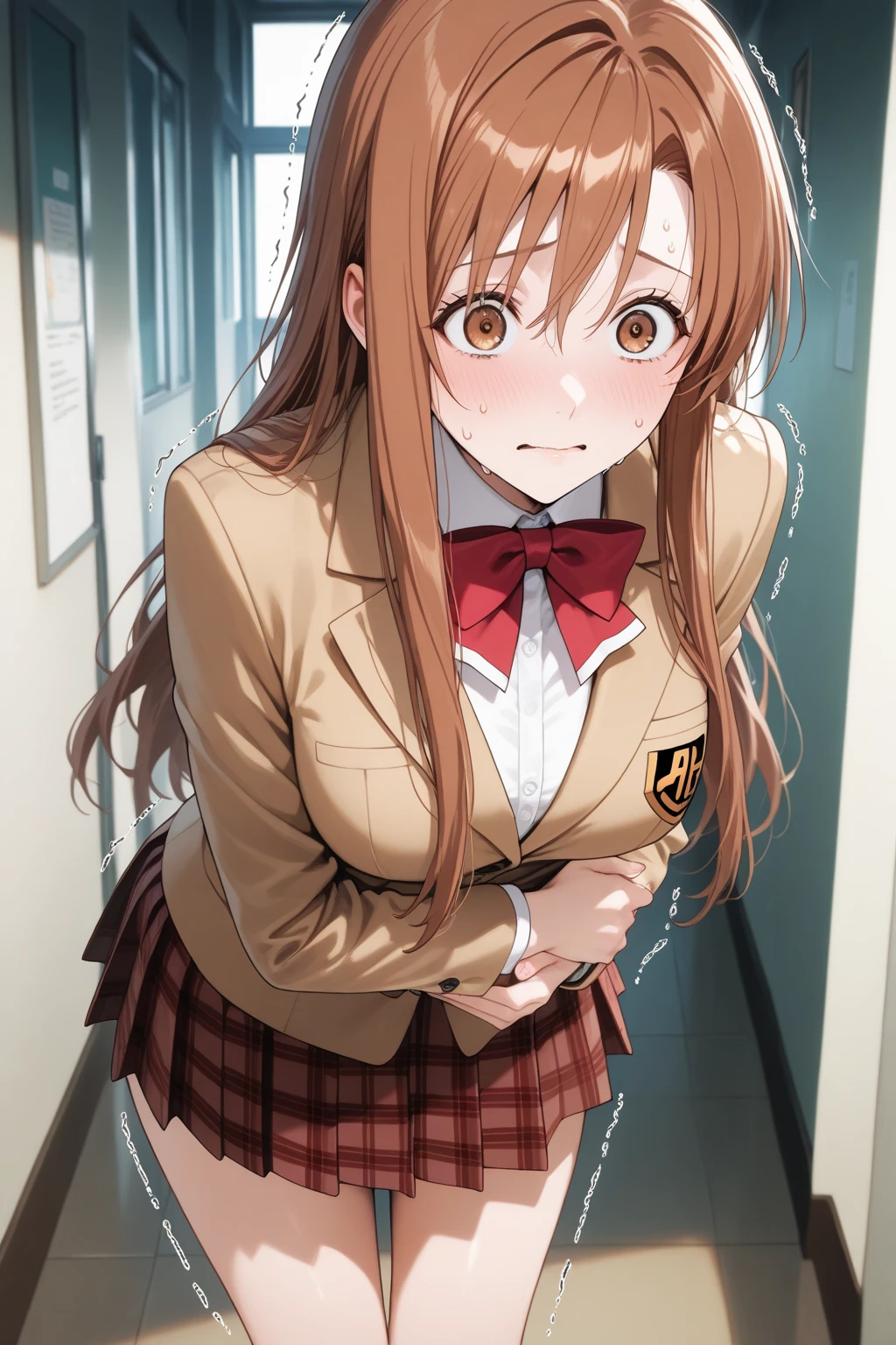 uniformを着たアニメの女の子が窓辺で写真を撮るためにポーズをとっている 傑作, Highest quality, High resolution, sa1, Brown Hair, uniform, White shirt, Skirt, Checked skirt, Open shirt, Bra is visible,