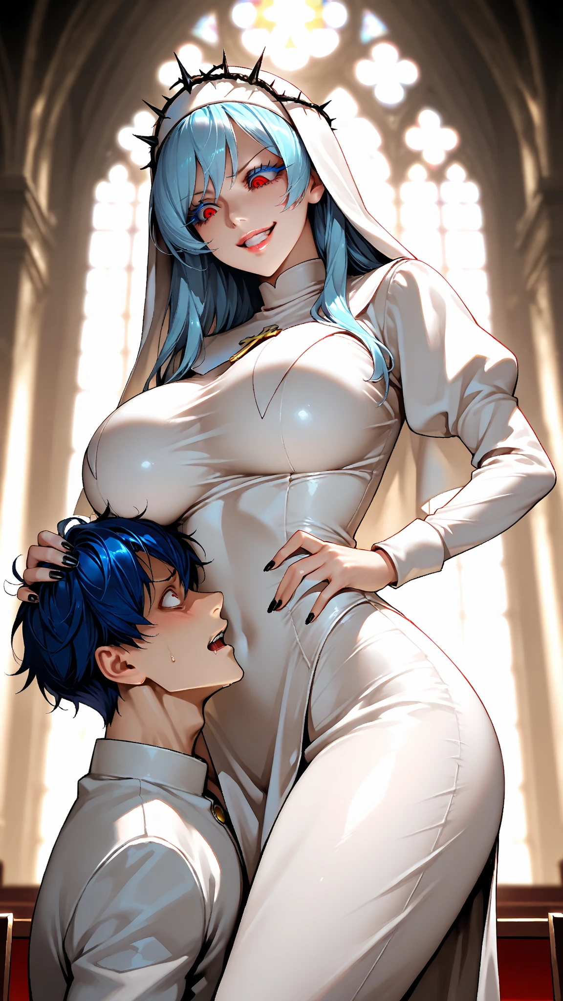 masterpiece, best quality, 1girl, breasts, 1boy, hetero, penis, blue eyes, blush, dress, circlet, penis awe, cross, necklace, nude, short hair, blue hair, jewelry, closed mouth, clothed female nude male, solo focus, covered nipples, looking at penis, huge breasts, sitting, cross necklace, long sleeves, large breasts, erection, hair between eyes, blue dress, puffy sleeves, dutch angle, imminent fellatio, purple dress, impossible clothes, sweat, hair ornament, purple background, heart, gradient background