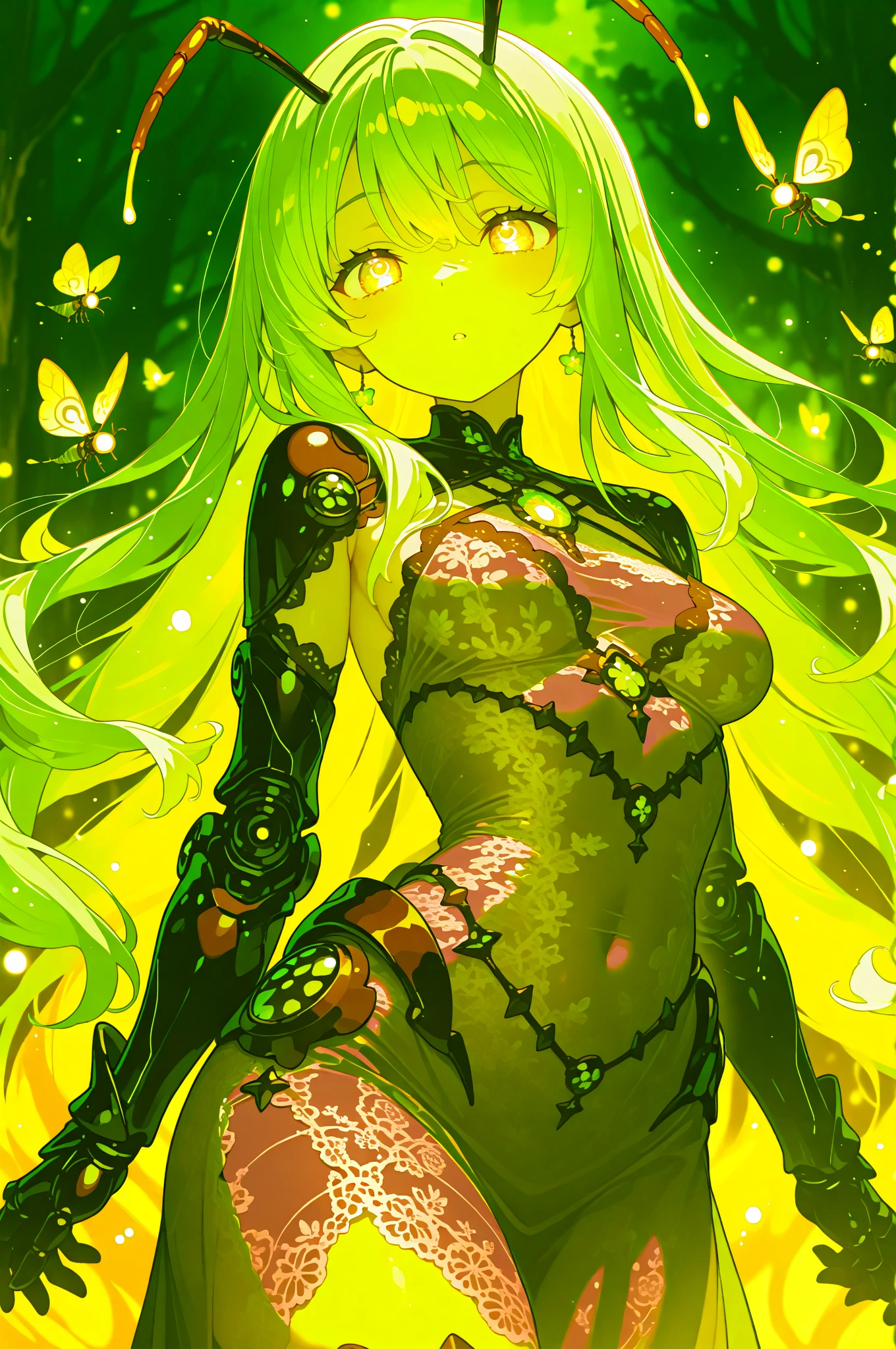In the center of the scene stands a seductively posed anime woman with caramel skin, mint green hair, and adorable cat ears. This character is depicted in a high-quality digital painting, showcasing every intricate detail of her alluring features. Her form-fitting lace dress hugs her curves, adding to her undeniable sex appeal. The vibrant colors and expertly rendered textures bring this fantasy character to life, making her a mesmerizing focal point in this stunning sexy image.