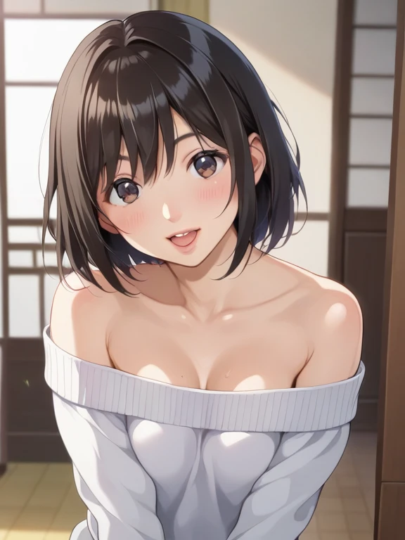 1girl in, Solo, Looking at Viewer,
Araragitsukihi, Short hair, hair messy, (fullnude:1.4), Hair Ornament, Komono, Ahoge, Egg garnish,Lori、childish,
Smile, :3, Daylight, mountainscape, Autumn, Trees, Sunset,