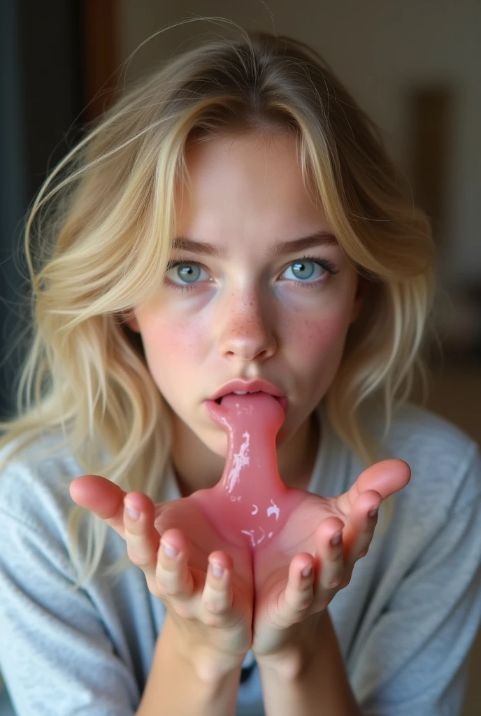 a beautiful sexy woman, drinking a bowl of cum, she is nude, she has cum all over her body and in her hair, she is very excited, cum drips off of her chin, she is giving a handjob, looks like Jennifer Lawrence, is very happy, smiling, cum on face, mouthful of cum, www.premiumbukkake.com
