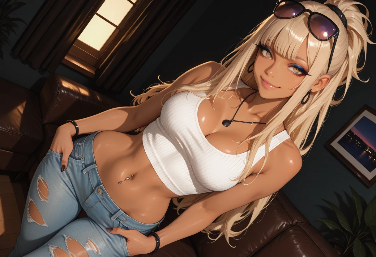(masterpiece, best quality, ultra-detailed, highres, 4k),(beautiful detailed eyes),(very detailed face),(1girl),HDR,long hair, black shorts, blue eyes, blonde hair, bracelet, sports bra, jewelry, watch, lips, solo focus, nail polish, ponytail, blurry background, smirk, wristwatch, realistic, unzipped and unbuttoned shorts